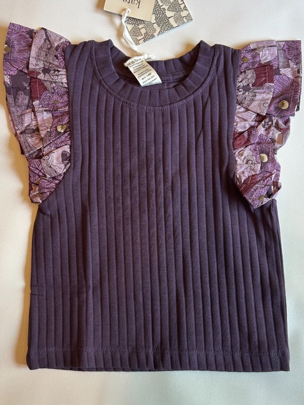 NWT Kate Quinn Ruffle Top 12-18M Vintage Violet Dragonfly Floral Organic Cotton